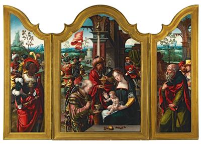 A Triptych: The Adoration of the Magi, the outer wings with the coat of arms of the House of Habsburg-Lorraine and the crowned monogram of Archduke Leopold of Austria (1863–1931)