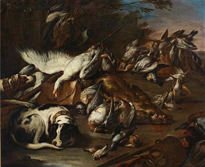 Two hounds by a game bag and dead boar by Baldassare Caro - Auction record, sale price, and art valuation. Compare with similar artists and explore comparable artworks.