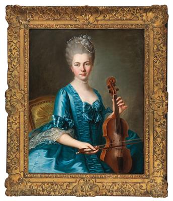 A young lady in a light-blue silk dress playing a violin