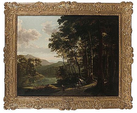 FORET AU BORD DE L'EAU AVEC UNE CHARRETTE AU PREMIER PLAN.