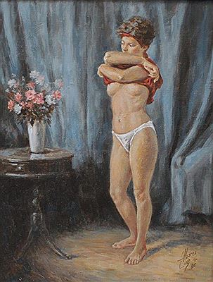 A disrobing female next to a table with flowers