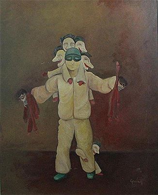 Pierrot or jester with dolls