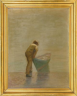 A fisherman launching a dory.