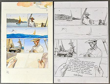Planche originale couleur et planche de crayonné (pl. 23 complète) de son premier album : "La ligne de fuite" - Futuropolis - 2007