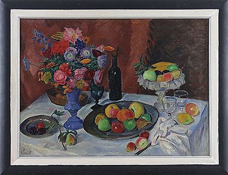 "Impressionistisches Stilleben auf weißem Tuch mit Früchten und Blumen" by Emil Leonhard Smidt - Auction record, sale price, and art valuation. Compare with similar artists and explore comparable artworks.