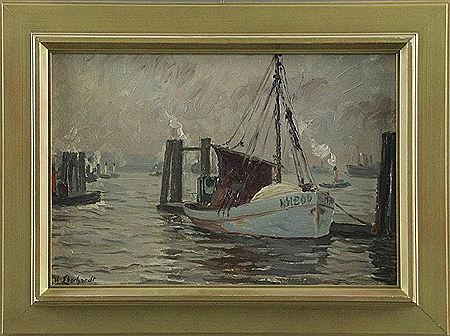 "Ansicht des Hamburger Hafen mit Ewer vor dem Fischmarkt von St. Pauli"