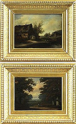 "Romantische Landschaft / Gehöft mit Teich" (pair)