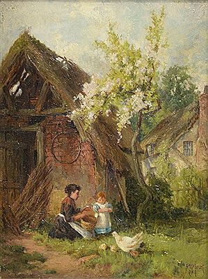 Mother and child outside a barn collecting eggs