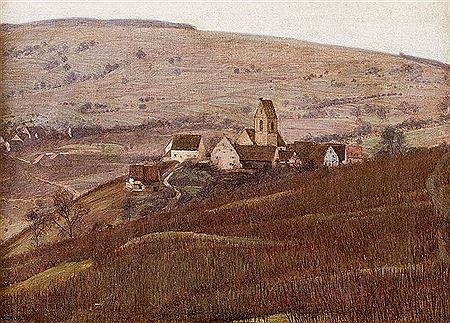 Blick über die herbstliche Markgräfler Landschaft auf das Dorf Rötteln