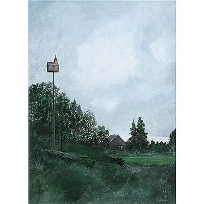 CABIN WITH BIRDHOUSE BY A LAKE
