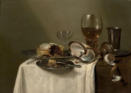 Nature Morte au rohmer, nautile et gobelet en argent Panneau