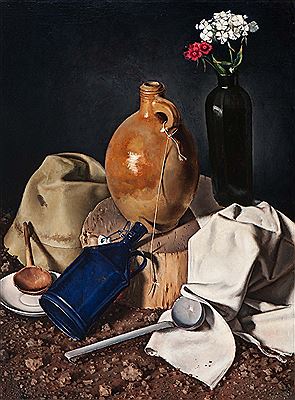 Still life with a jug, sweet William in a vase and a hat