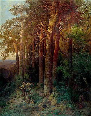 Waldlandschaft im Abendlicht mit zwei Jägern