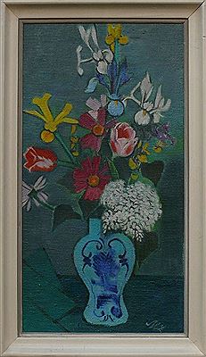 "Blumenstillleben in blauer Vase"