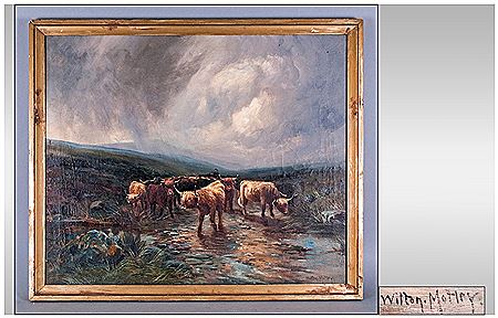 Oil On Canvas Of Highland Cattle Wading Through A Brook, with a storm in the skys above depicting in Grey Hues by Wilton Morley - Auction record, sale price, and art valuation. Compare with similar artists and explore comparable artworks.