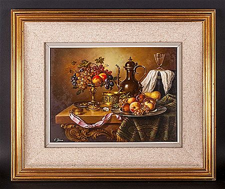 ' Stillife ' Study of Fruit In a Tazza and Plate, Flagon - Placed on a Table With Draped Cloth