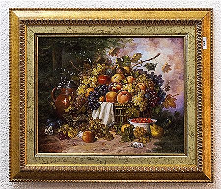 ' Stillife ' Study of Fruit In a Basket, Flagon - Fallen Fruits, Bird and Butterfly