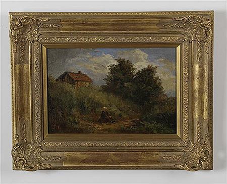 Landscape with male figure donning a white hat and a barn in the background
