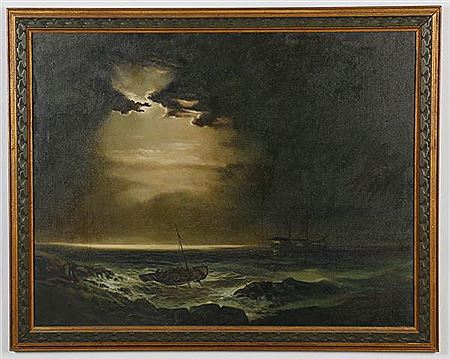 Stormy seascape with ships near the coastline