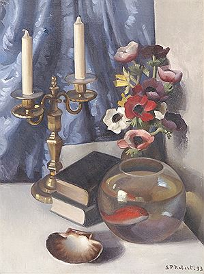 "Stillleben mit Kerzenstock, Anemonen, Büchern und Goldfischglas"