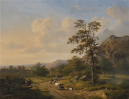 Pastorale Landschaft mit Hirten und Tieren