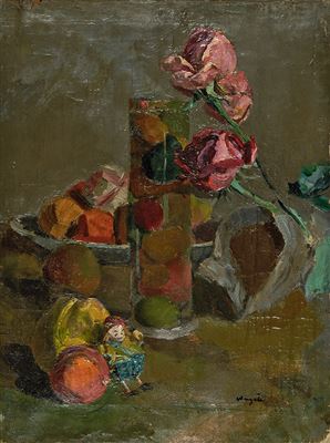 Blumenstillleben mit Früchteglas
