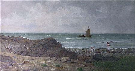 Coastal Scene with Figures and Sailing Boat by Joseph Sharp - Auction record, sale price, and art valuation. Compare with similar artists and explore comparable artworks.