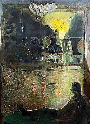 Sleeping figure with houses and flames viewed through the window
