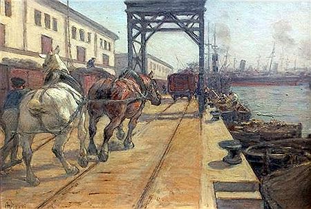 Harbour scene with horses hauling wagons