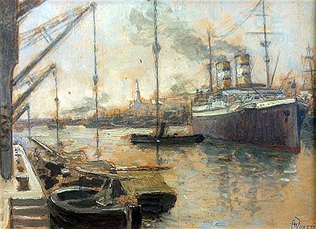 Port scene with steam ship and barges in the foreground