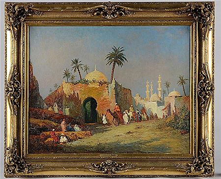 Camel caravan in an Arab city