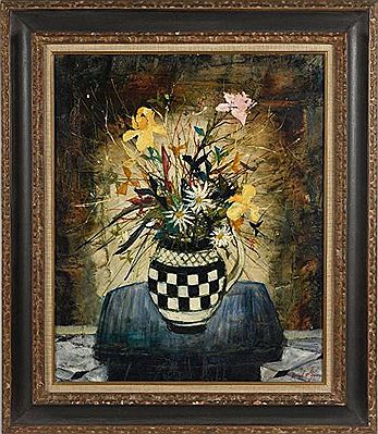 Bouquet de fleurs dans une cruche à damier