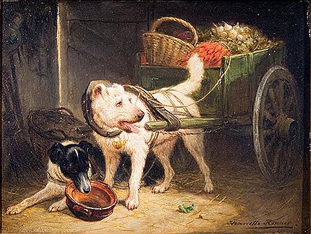 TWO DOGS WTIH A VEGETABLE CART