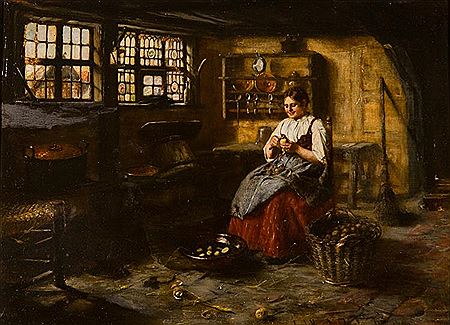 INTERIOR WITH A WOMAN PEELING POTATOES