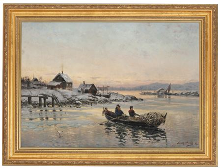 Vinterlandskap med garnfiskere i robåt (1892)