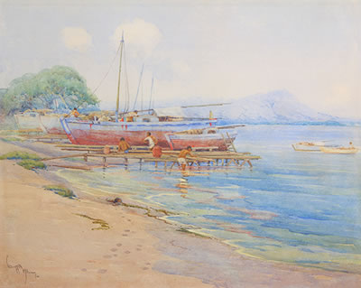 Diamond Head Harbor with Fishing Boats and Figures, 1920