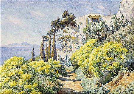 Sommerlicher Garten auf Capri mit dem rauchenden Vesuv im Hintergr