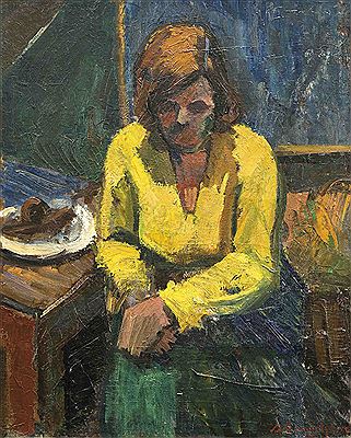 Interieur mit sinnender Frau