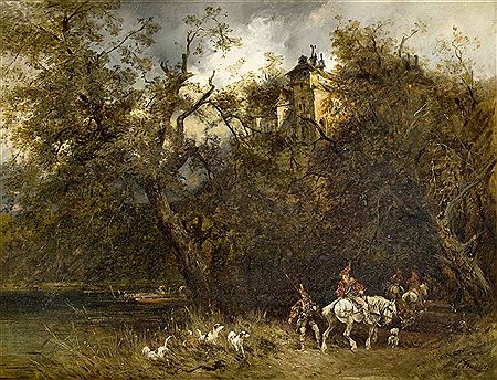Hier eine große Waldlandschaft zu Füßen einer Burganlage mit Jägern im Stil des 16. Jahrhunderts zu Pferde, begleitet von einer Meute Jagdhunde