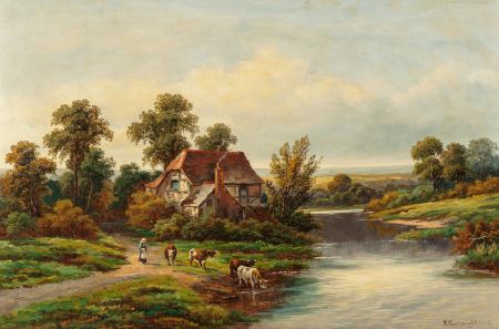 Riverside Cottage with Milkmaid and Cows