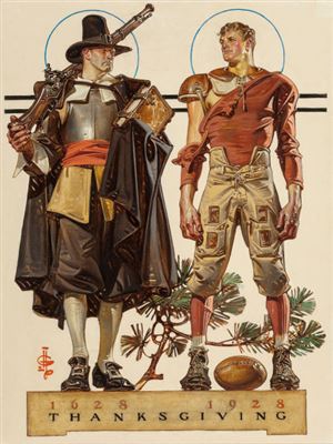 "Thanksgiving, 1628-1928: 300 Years (Pilgrim and Football Player), The Saturday Evening Post cover"