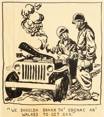 "We shoulda drank th' cognac an' walked to get gas, WWII Willie & Joe original artwork"