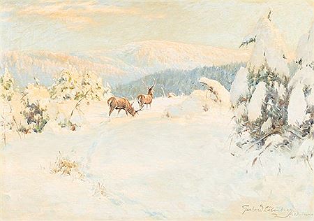 Hirsche auf verschneiter Waldlichtung vor Gebirgskulisse by Gerhard Lobenberg - Auction record, sale price, and art valuation. Compare with similar artists and explore comparable artworks.