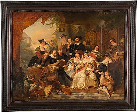 PETER PAUL RUBENS IM KREIS SEINER FAMILIE, FREUNDEN UND MÄZENEN. HISTORISIERENDE ANSICHT IM GARTEN DES RUBENSHAUSES