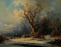 Wood collectors in snowy winter forest