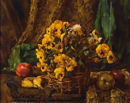 Stillleben mit Blumenkorb und Äpfeln