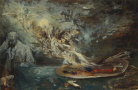 Self-portrait of the artist with painter's palette, from where are emerging mythological figures in the sky