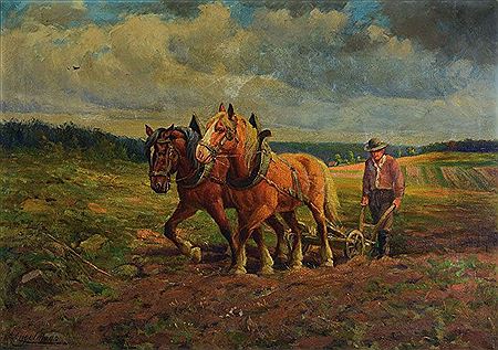 Ploughing farmer with horses