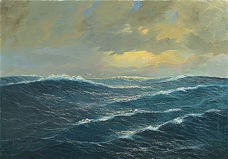 Seagulls over undulating sea