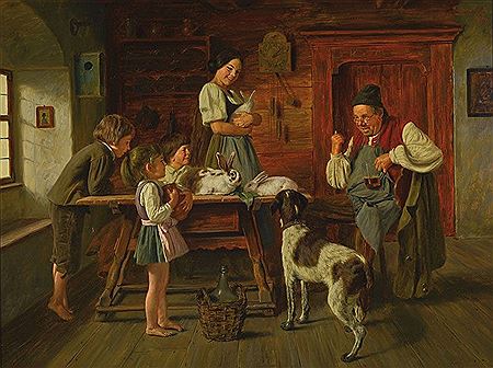 Children with hare in the farmhouse parlor